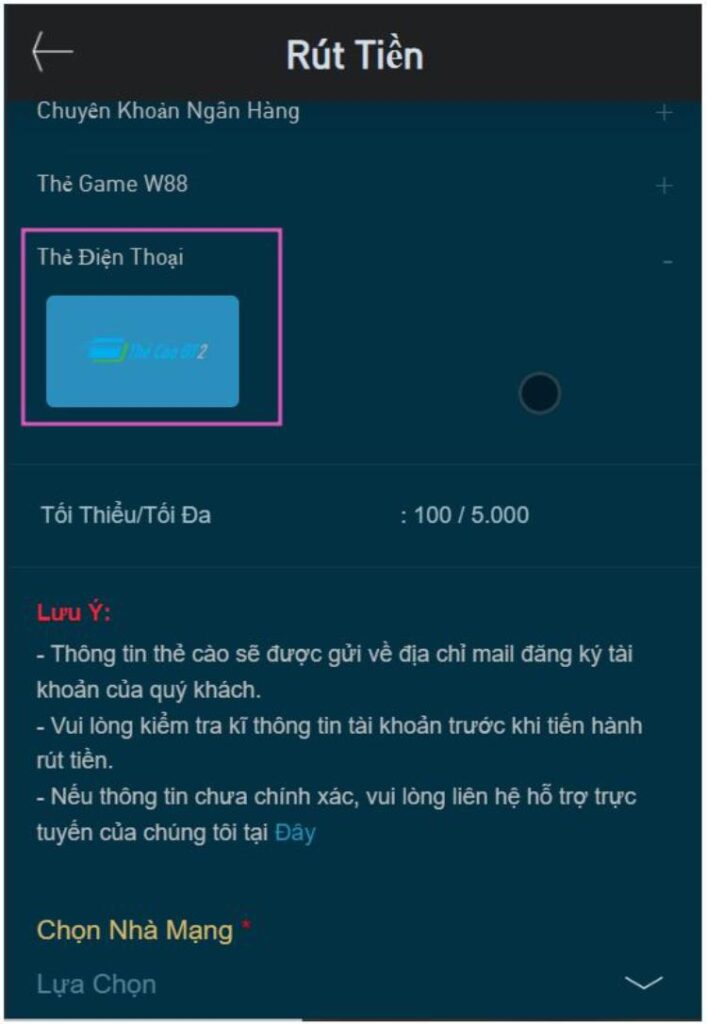 Rút tiền W88 thẻ điện thoại